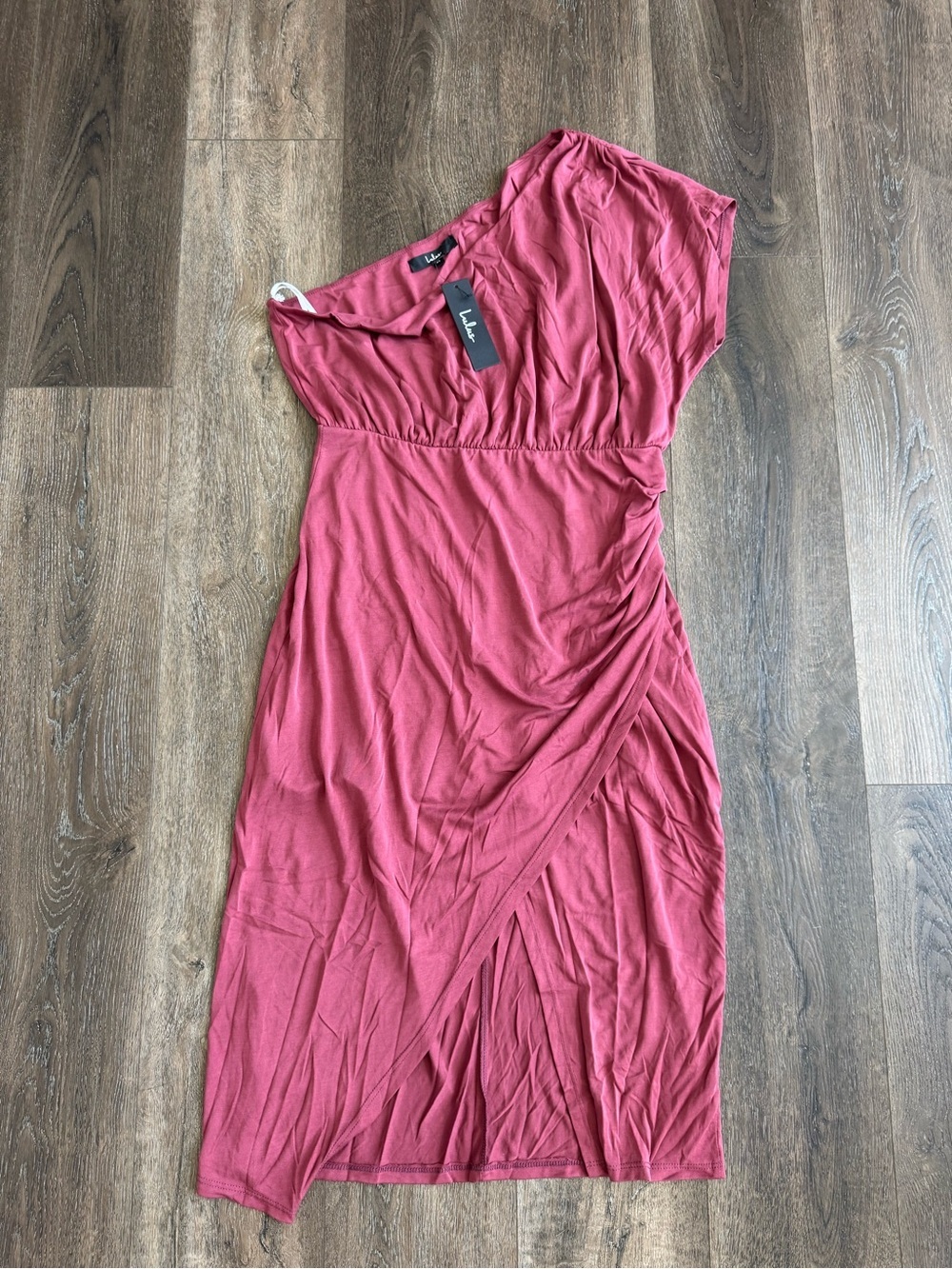 Lulu's One-Shoulder Ruched Midi Dress in Rose Magenta